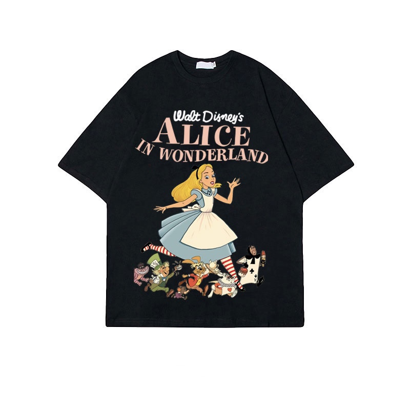 XiaoZhaiNv Kaos Atasan Wanita Alice In Wonderland Pattern Lengan Pendek A0912