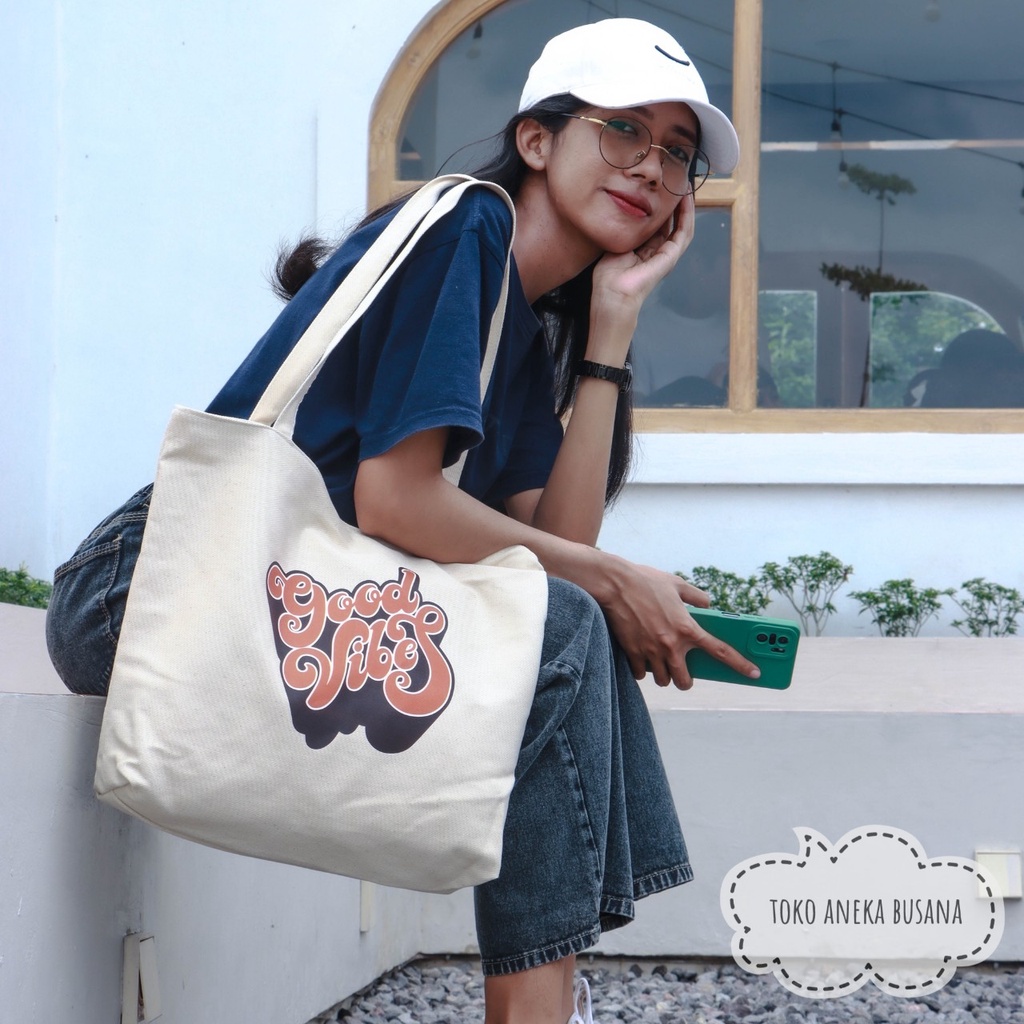 Tote Bag Wanita Kanvas Aesthetic Bahan Premium / Tas Totebag Resleting