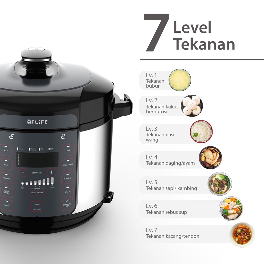 FLIFE PC05LB Pressure Rice Cooker Multifunction Electric 5 Liter-5L Panci Presto 7 Level Tekanan 10 Pilihan Menu Praktis