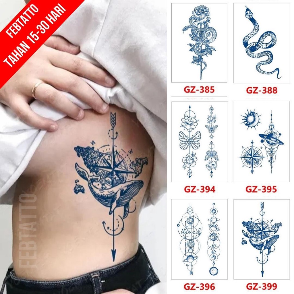 Tato Temporer Ukuran 18cm x 11cm Motif GZ 399 Paus Kompas Panah Tato Lengan Tato Dada Tato Tangan Ta