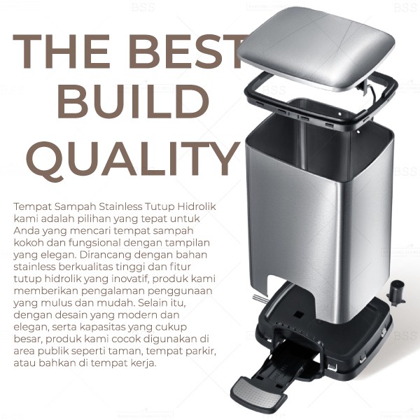 Tong Tempat Sampah 20L Hidrolik Kotak Stainless Injak Modern Stylish Wadah Tutup Pelan Lambat Hydraulic Slowmotion Movement