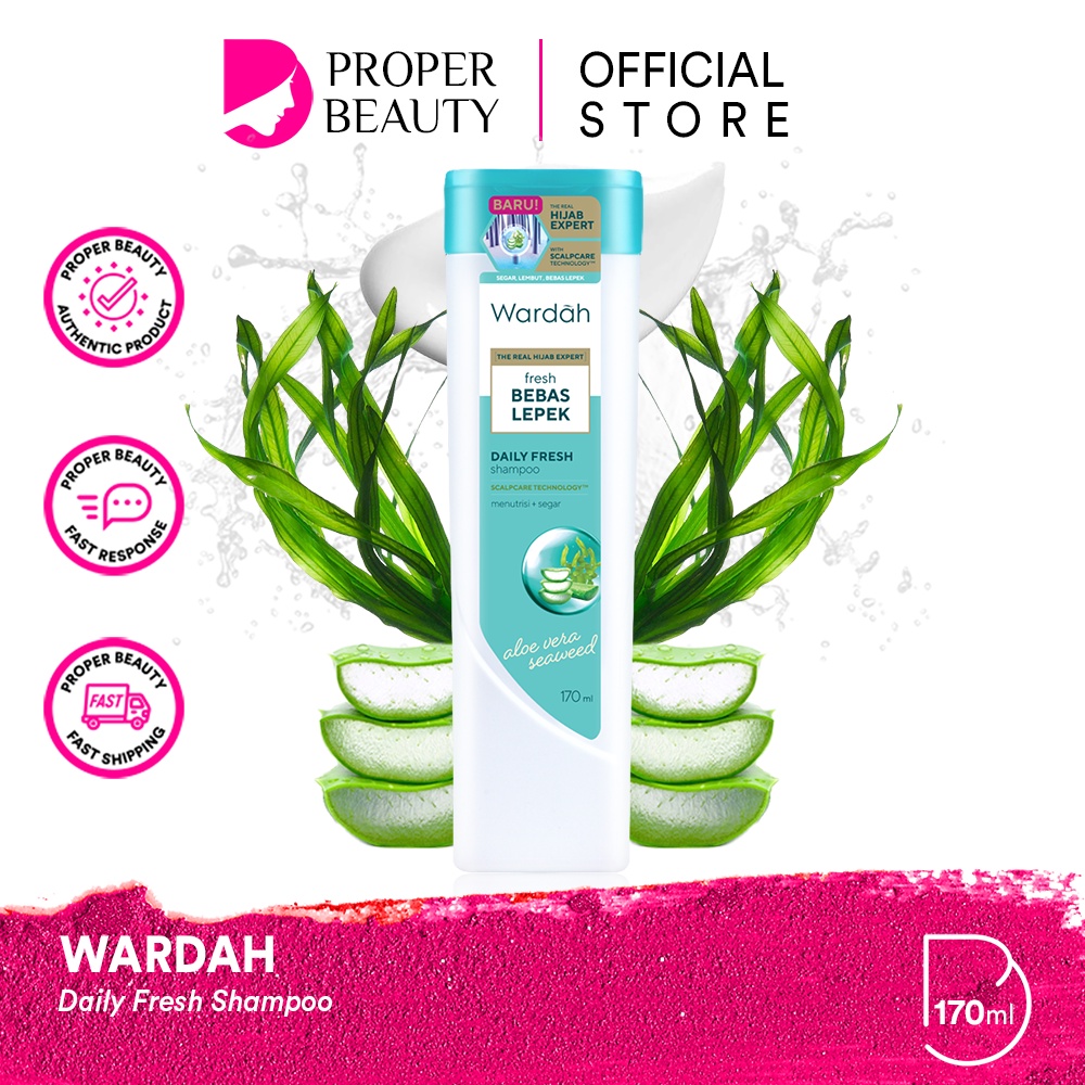 WARDAH Daily Fresh Shampoo Indonesia / Sampo Rambut 170ml / The Real Hijab Expert / Fresh Bebas Lepek / Scalpcare Technology / Menutrisi &amp; Segar / Aloe Vera Seaweed / Skincare Hair Care Conditioner Kondisioner Anti Dandruff Hairfall Treatment Nutri Shine