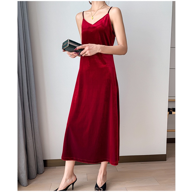 TJM DR380 Korean Velvet V Neck Long Dress Wanita Beludru