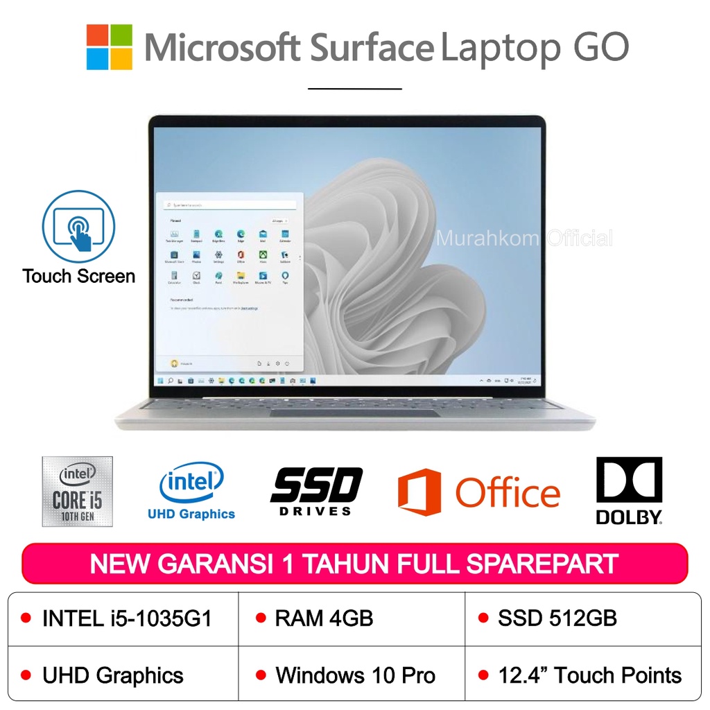 MICROSOFT SURFACE LAPTOP GO CORE i5 1035G1 4GB 512GB SSD Pixel Sense 12.4 TouchScreen Win 10