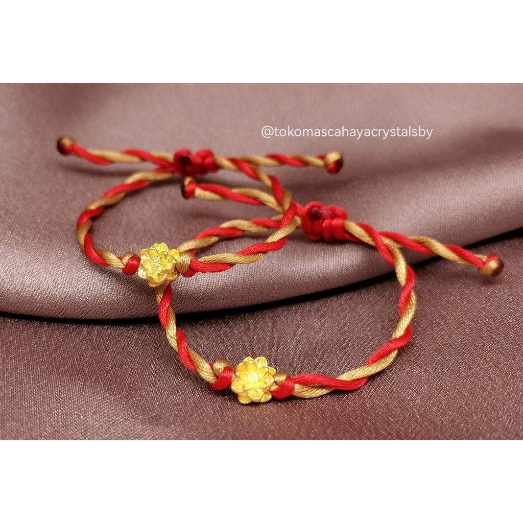 Gelang Charm Teratai Lotus Emas kadar 24k HK Hongkong 999.9% 9999 &amp; Gelang Serut (Kepang Serut / Plintir Serut)