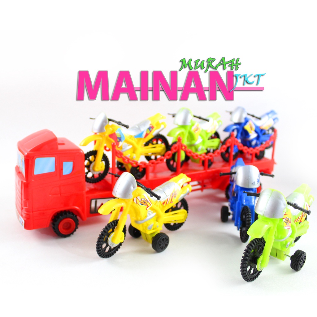 MAINANKEI MAINAN ANAK MURAH MOBIL TRUCK PENGANGKUT MOTOR BALAP OCT6340 ISI 3 MOTOR MOBIL CONTAINER