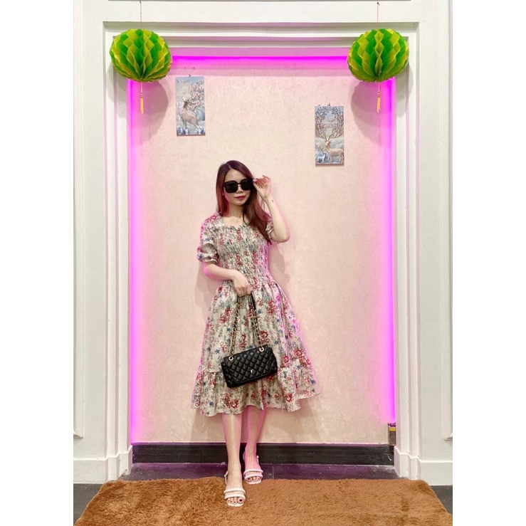 RD FASHION - SMOCKED DRESS / Gaun musim panas kasual baru Lengan pendek smocked dress lipit bunga dengan dasi belakang / gaun kasual A-line gaun smocked berlipat bunga lengan pendek-ABU MTF CHUYA