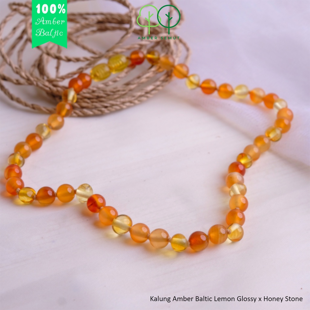 PROMO FREE GELANG - Kalung Amber Baltic Lemon Glossy X Honey Agate by AMBER SEMUT