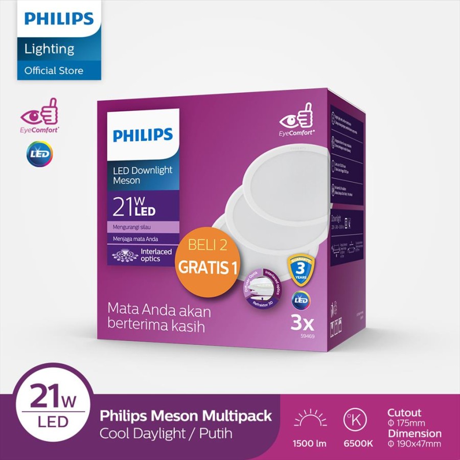 ( BELI 2 GRATIS 1 ) Philips Paket Lampu Downlight 21 watt