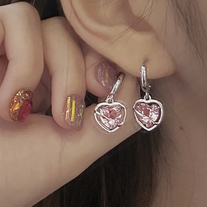 Anting Tusuk Zirkon Hati Manis Peach Mutiara Kristal Gold Silver Earring Untuk Aksesoris Perhiasan Wanita