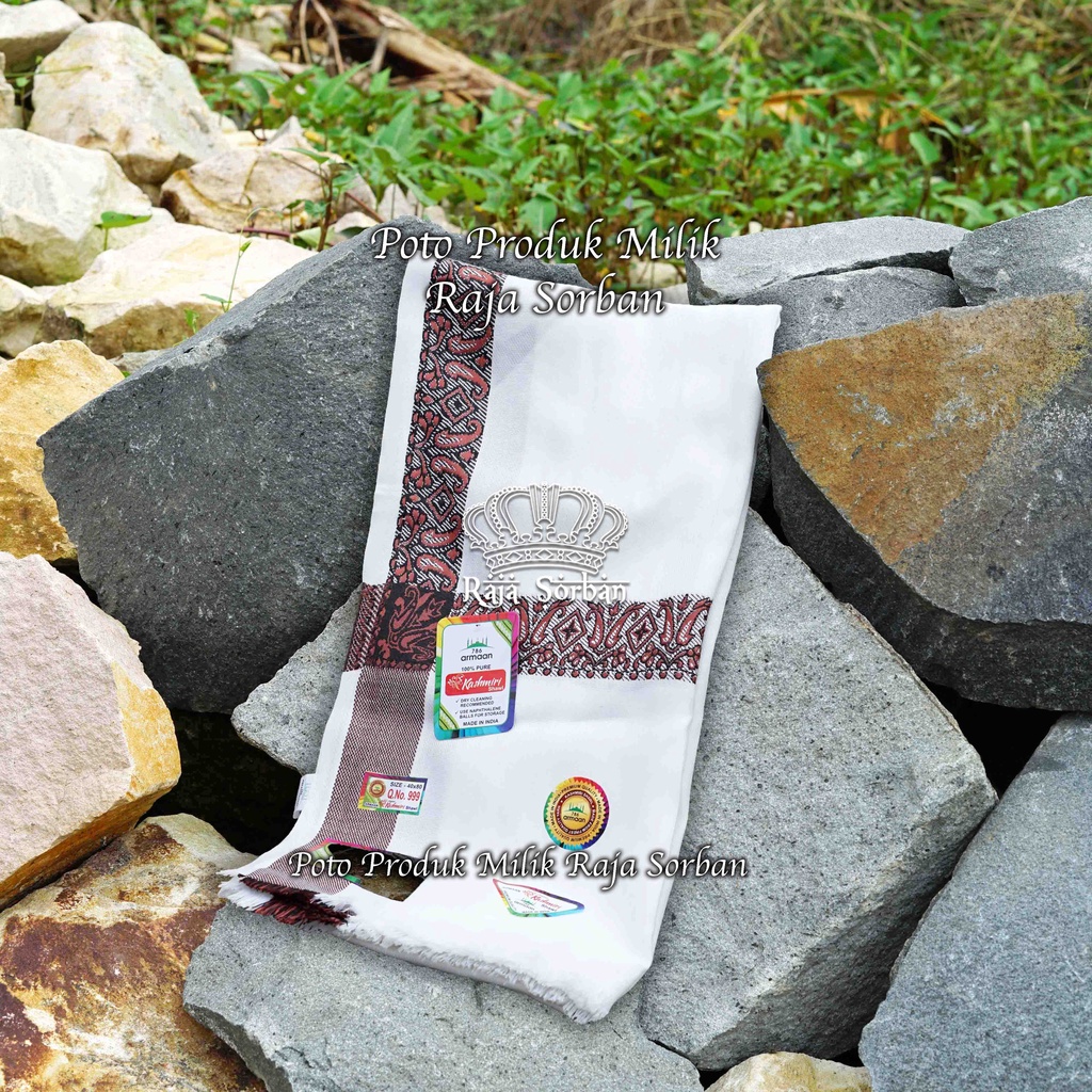 Sorban Kashmiri Putih List Hitam - Sorban Haji - Kashmiri Shawl - Imamah - Keffiyeh - Semagh