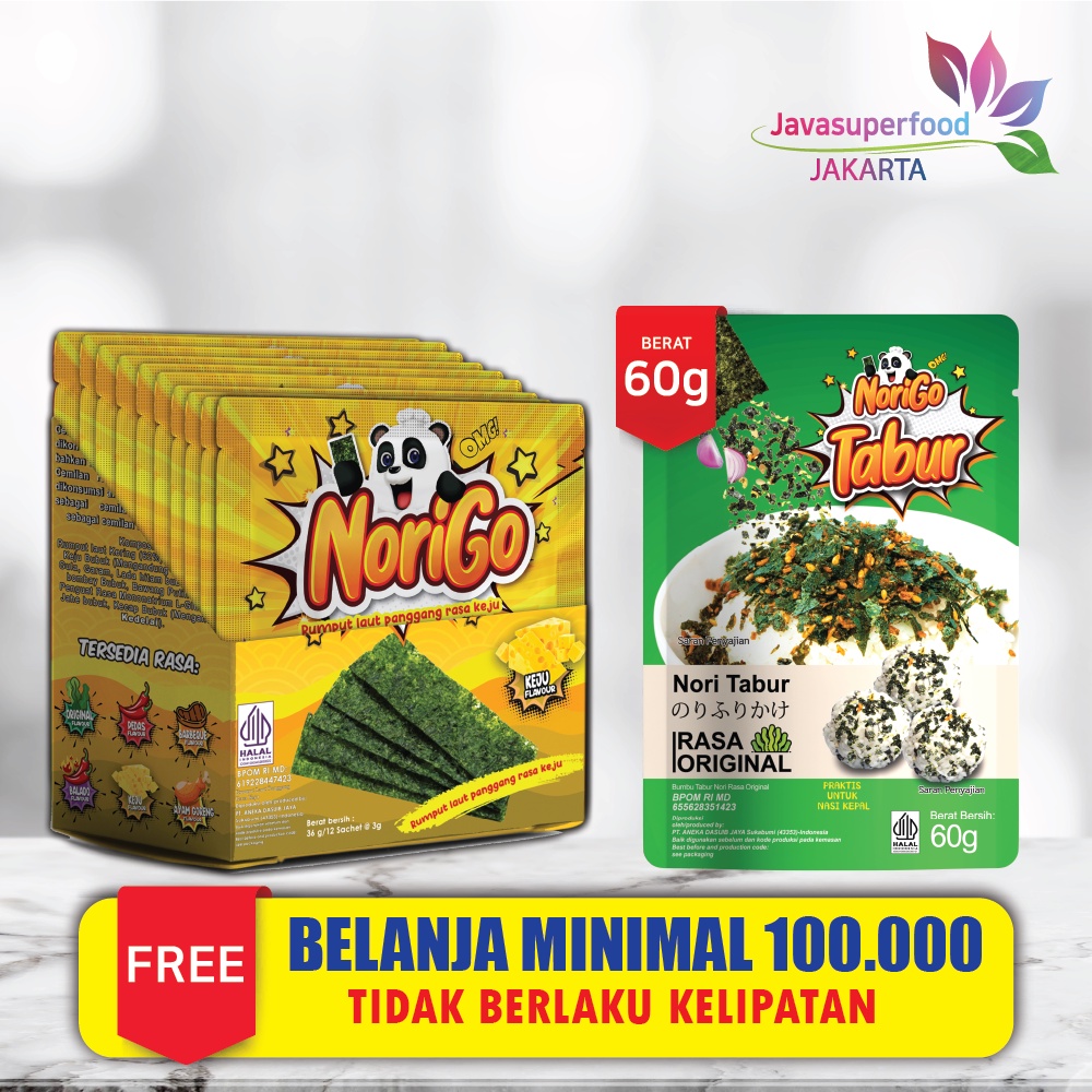 Norigo (1 BOX ISI 12 PCS) / Nori Sachet Keju Seaweed Snack 3g Rumput Laut Halal Rasa Keju