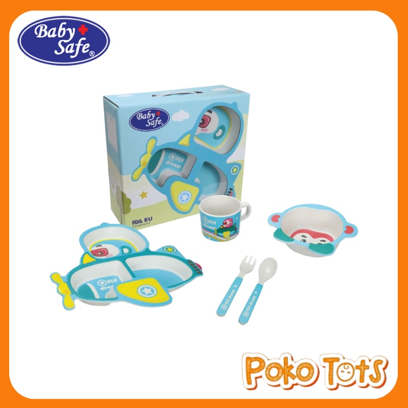 Baby Safe Feeding Set Motif Dino dan Plane Isi 5 Pcs Perlengkapan Makan Anak WHS