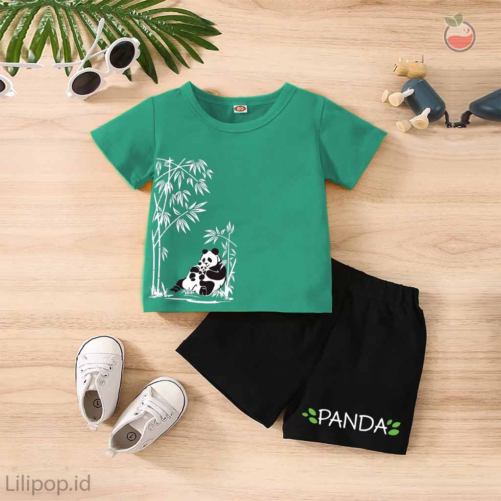 Baju Anak Stelan Kaos 3/4  PANDA Cowok Cewek  Usia 1 - 4 Tahun Celana Pendek Harian