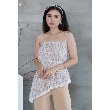 Lily Top Sleeveless Tank Top Brukat Fashion Wanita Asimetris Assymetric