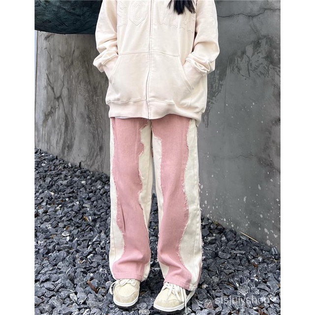 [✅BISA COD] #Sisjuly# Celana Panjang Santai Wanita Vintage Patchwork Lurus Jeans Jalan Kaki Lebar Lo