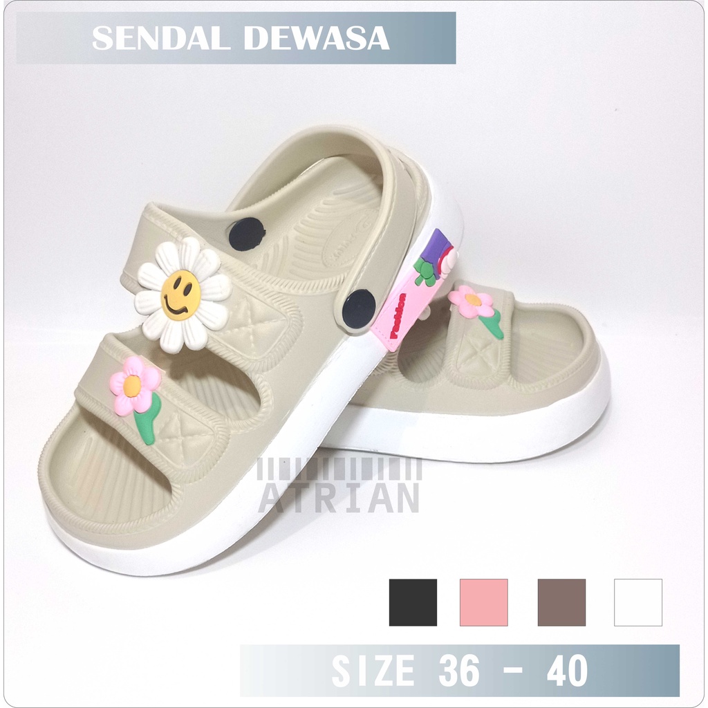 SENDAL DEWASA FLAT CASUAL BARU TALI BELAKANG MOTIF BUNGA BARU KEKINIAN