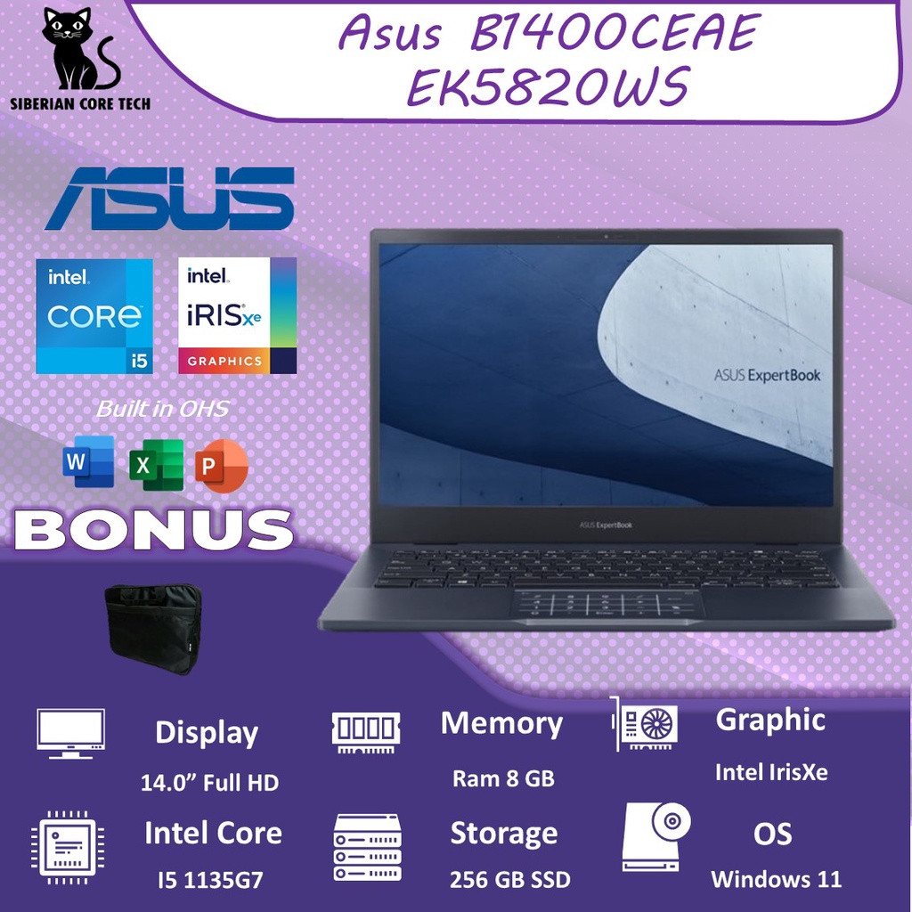 ASUS B1400CEAE-EK5820WS I5 1135G7 8GB 512SSD IRISXE W11+OHS 14.0FHD 1YR BLU