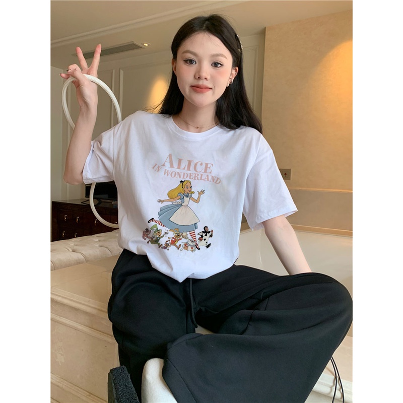 XiaoZhaiNv Kaos Atasan Wanita Alice In Wonderland Pattern Lengan Pendek A0912