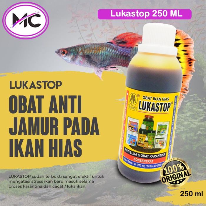 Lukastop 250ml Obat Ikan Hias Parasit Jamur Luka Karantina Sisik Rusak Sobek Botol Besar Original Perawatan Cupang Guppy Arwana Louhan Koi Koki Discus Chana dan lain lain Kebutuhan Aquarium Aquatic