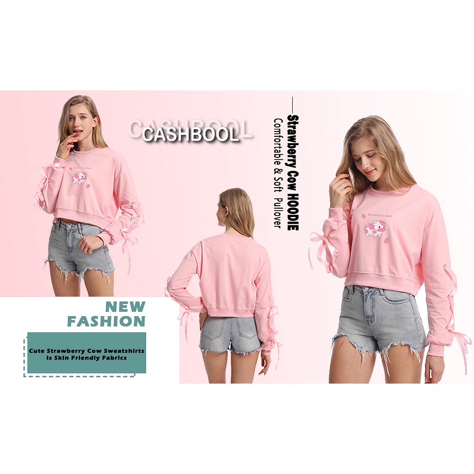 CASHBOOL Crop Crewneck Strawberry Cow Print Tali Pita Sweater Basic Polos ALL SIZE &amp; BIG SIZE