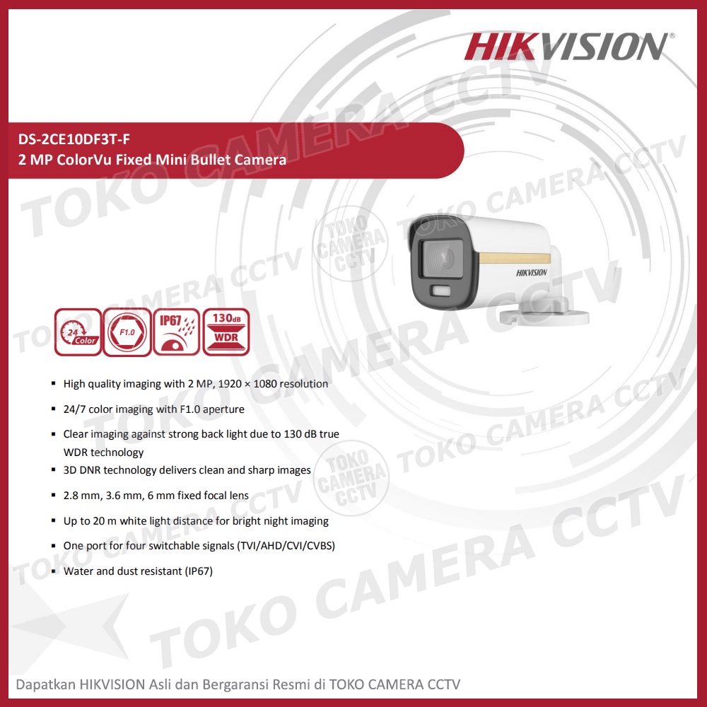 KAMERA CCTV OUTDOOR HIKVISION 2MP COLORVU DS-2CE10DF3T-F