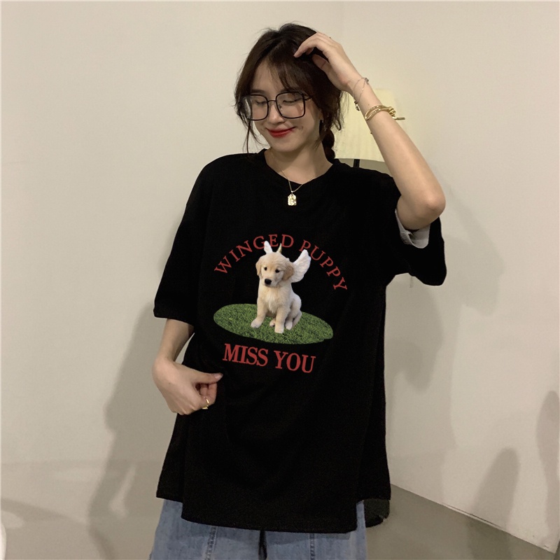 XIAOZHAINV Kaos Atasan Wanita Miss You Dog Pattern Lengan Pendek A0321