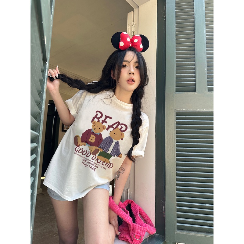 EUNII T-shirt Lengan Pendek Cartoon Red Plush Bear Korean Style/Kaos Atasan Wanita/Baju Kaus Oversize Wanita/Kaos Wanita