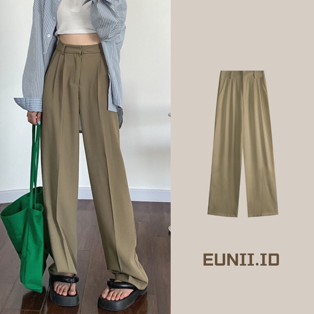 EUNII Celana Kulot Wanita Hitam Wanita Highwaist Loose Wide Leg Pants Korean Style