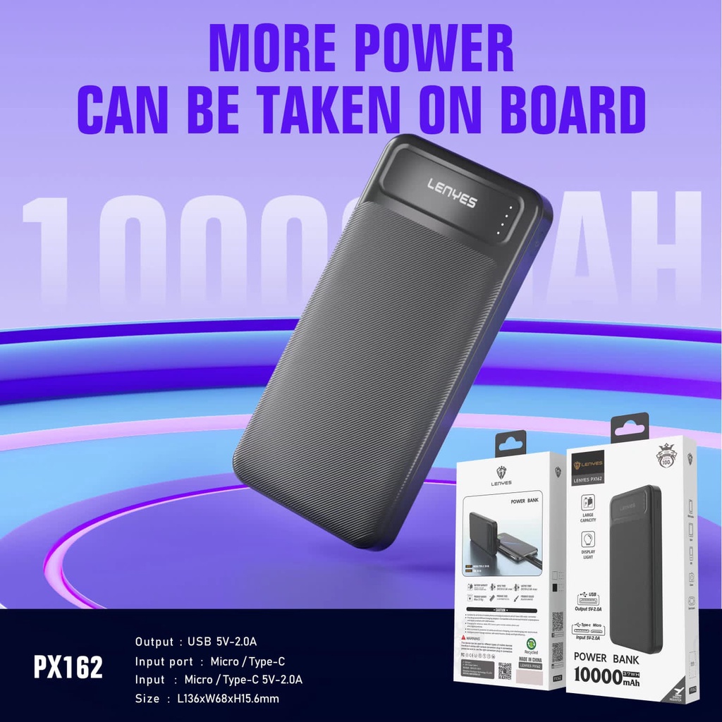 POWERBANK LENYES PX-162 10000MAH 2 USB PORTABLE POWER BANK PX162 by.sultan