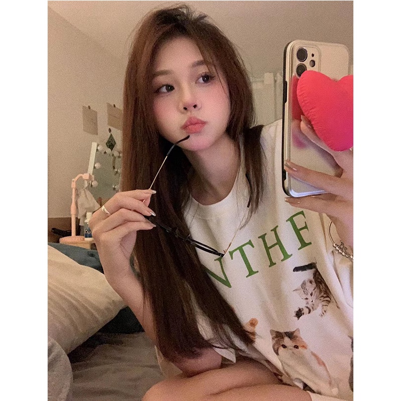 baju atasan wanita kekinian lengan pendek cat print graffiti print T-shirt import korean style kaos cream