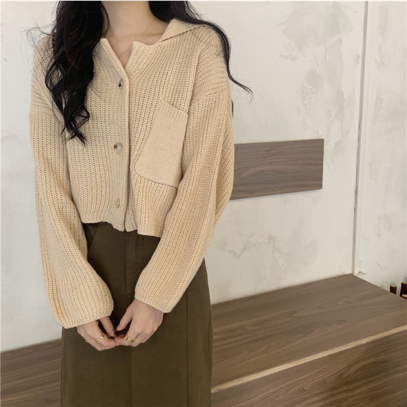 [3 Warna]EUNII Korea Style Cardigan Rajut Atasan Lengan Panjang Crop Top Atasan