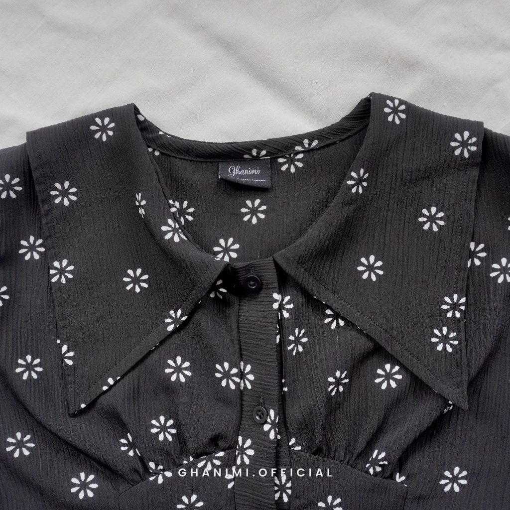 Ghanimi - Nadira Dress / Gaun Motif Bunga / gamis terbaru / dress kondangan / dress motif kancing berkerah / baju kondangan kekinian / dress lengan panjang