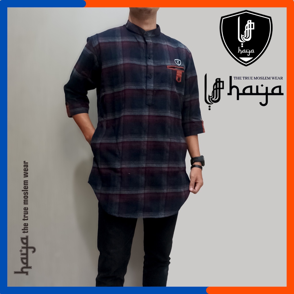 Koko Kurta Flanel Haya Busana Muslim Pria Remaja Baju Cowok Dewasa Motif Kotak-kotak Lengan Pendek 3