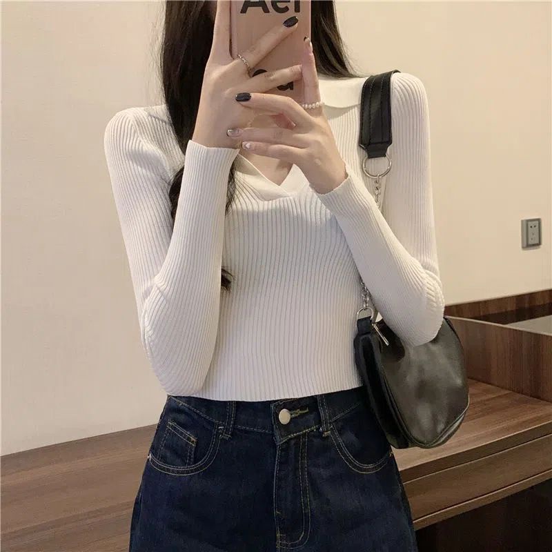 Poloshirt Knitwear D-99 Top Fashion Korean Crop Long Sleeve Polo Knit Top/Atasan Rajut Wanita Atasan Rajut Import Wanita/ Atasan Crop Baju Polo Korean Style Wanita