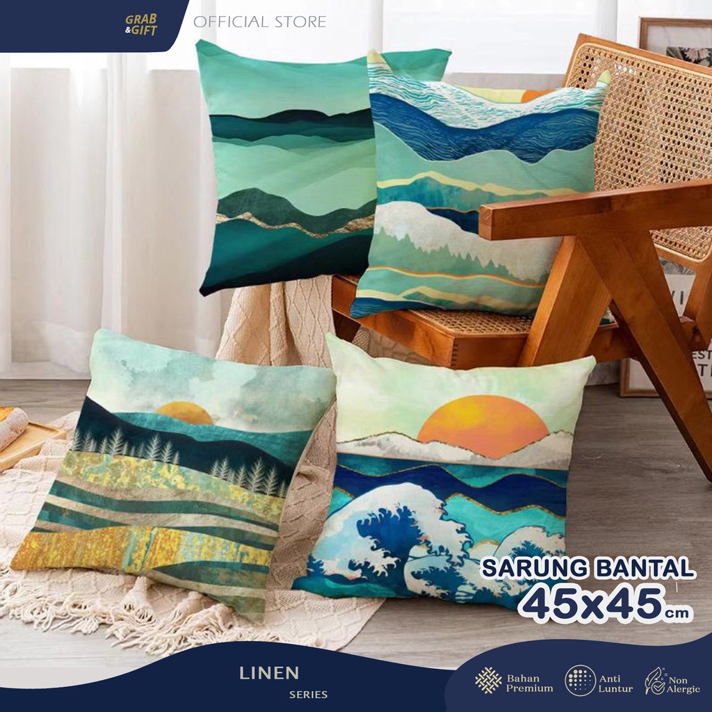 SARUNG Bantal Sofa Print 45x45 cm Linen Motif Japan Retro Landscape Jepang Grabandgift