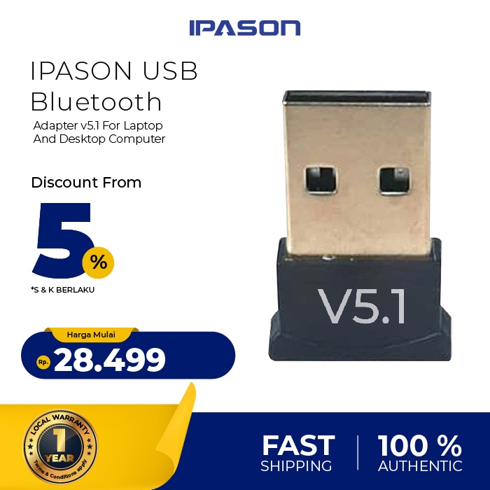 IPASON USB Bluetooth Adapter v5.1 For Laptop And Desktop Computer