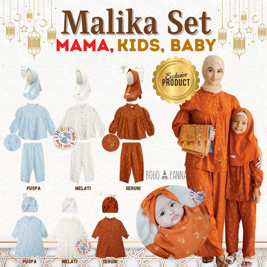 Bohopanna Mama / Set 0M - 10Y Malika Pola IDN Baby Gamis + Turban / Setelan Tunik + Hijab Lebaran Anak / Mama Malika Set Raya Series Keluarga Pakaian Muslim CBKS