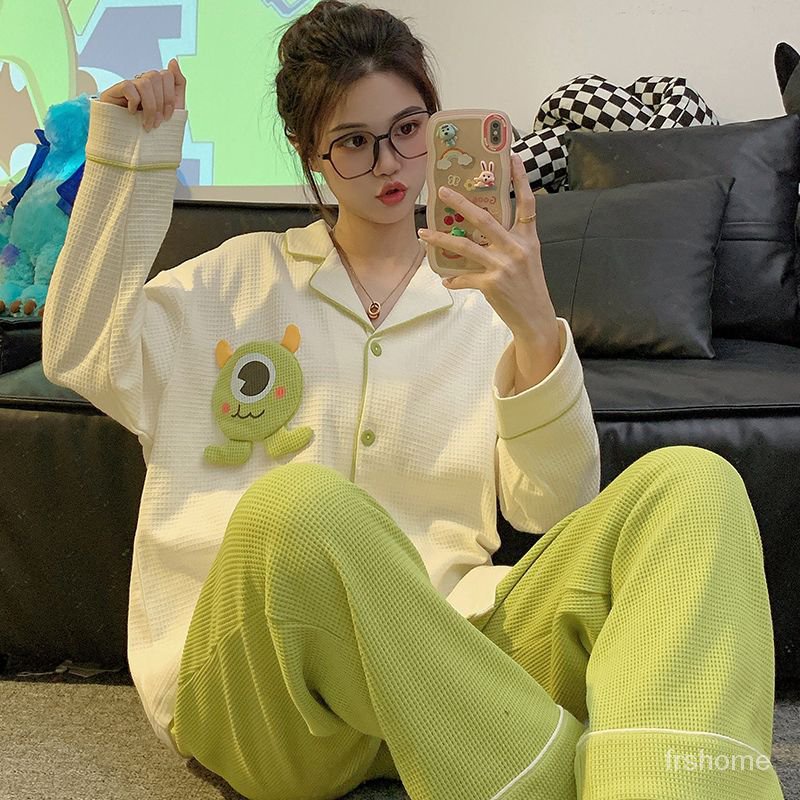 [✅BISA COD]#frs home#Pasangan piyama wanita model musim semi dan musim gugur lengan panjang longgar wafel kartun 2023 set