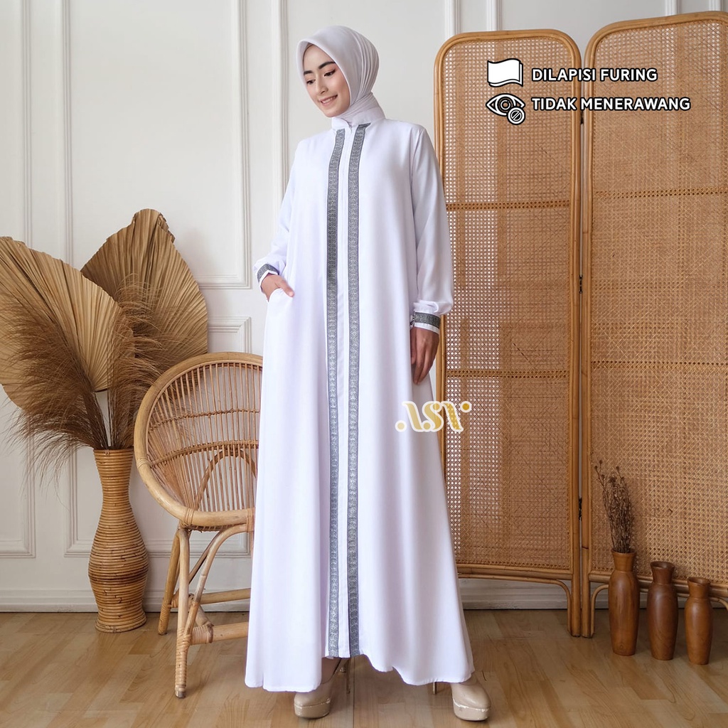 STANDAR-SUPER BIGSIZE | Abaya Haji Umroh Hafsha Gamis Putih Bersih Bahan Royal Twist Premium + Furing Jubah Akhwat Ummahat Ukuran Lengkap LD 94 100 110 120 130 140 Fit M L XL XXL XXXL 5L Busui Friendly Original ALSAVA