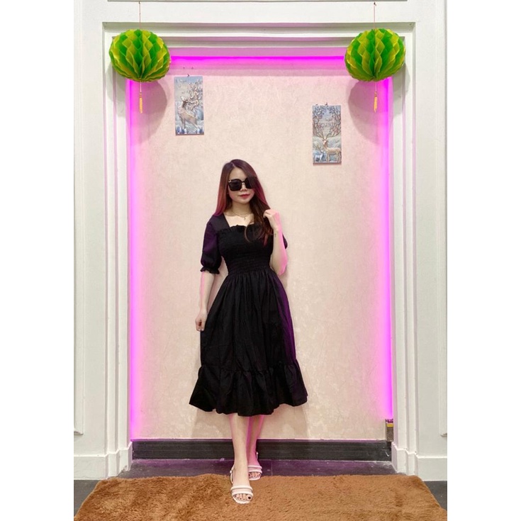 RD FASHION - SMOCKED DRESS / Gaun musim panas kasual baru Lengan pendek smocked dress lipit bunga dengan dasi belakang / gaun kasual A-line gaun smocked berlipat bunga lengan pendek-HITAM POLOS