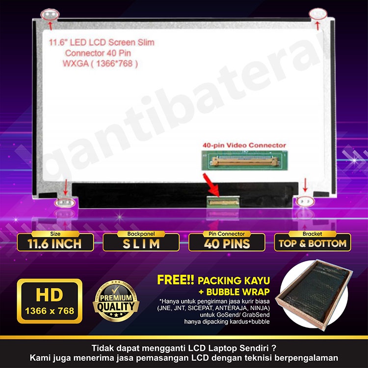 LCD LED Laptop 11.6 Inch Slim Connector 40 Pin bracket atas bawah