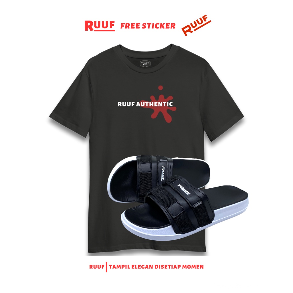 Ruuf - Bundling 0208 Slide Sandal dan A04 Black T-Shirt