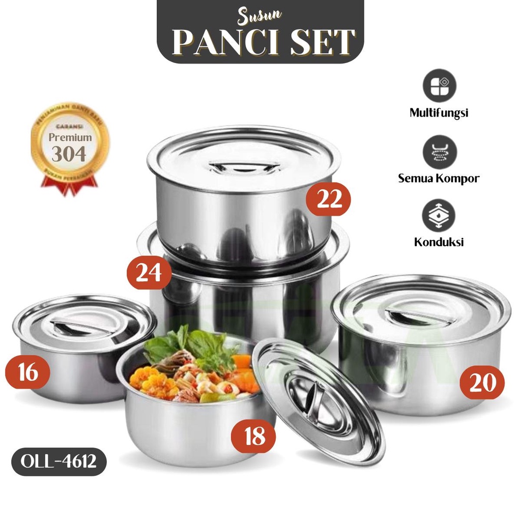 PANCI SET 5 SUSUN TUTUP STAINLESS STEEL OLL-CH4612