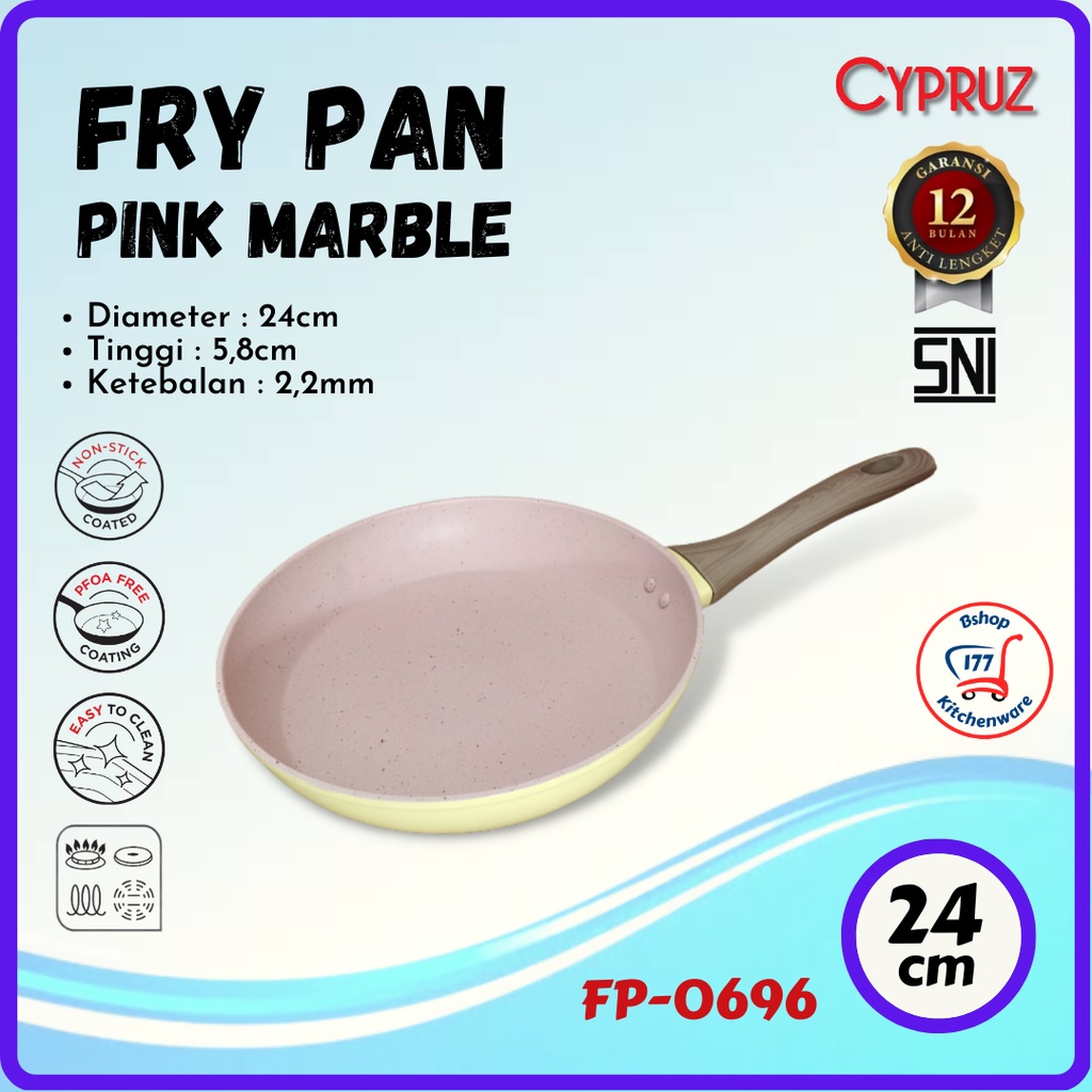 Cypruz Wajan Anti Lengket Penggorengan Induksi Fry Pan Pink Marble 24cm FP-0696