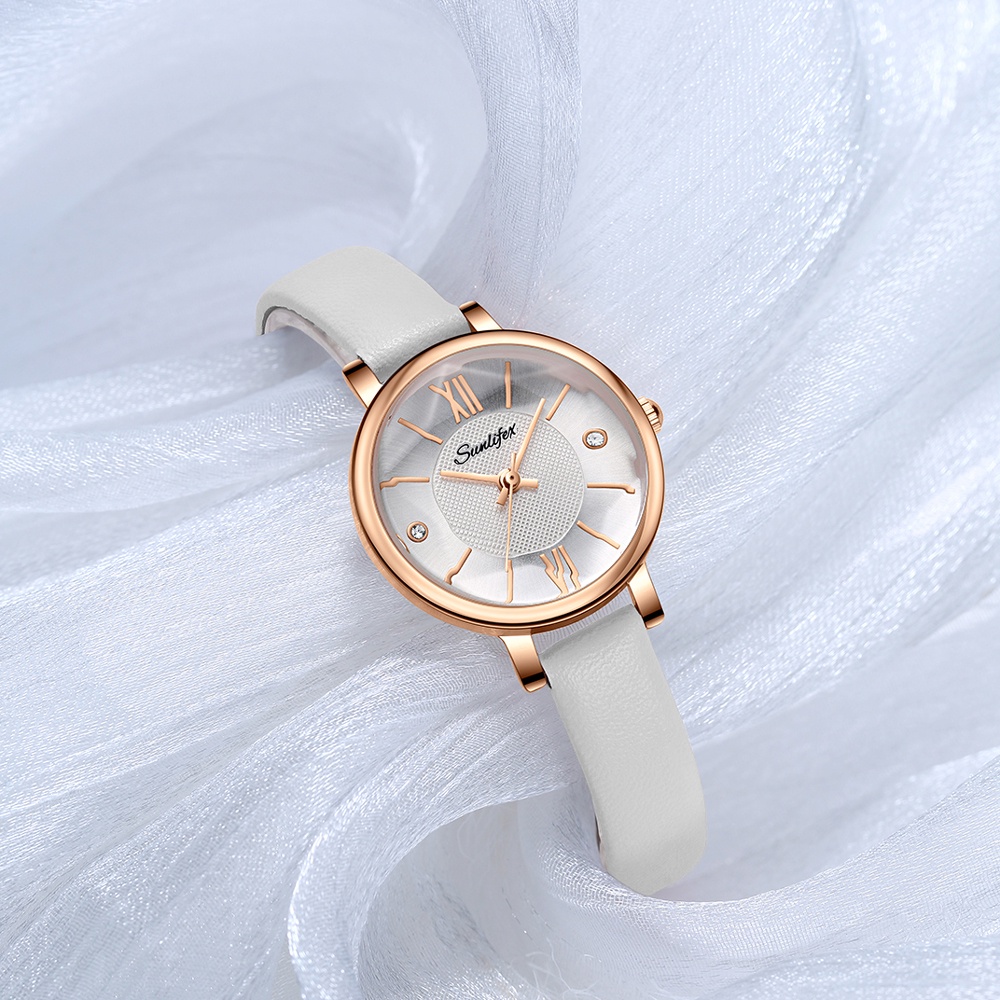 SUNLIFEX Jam Tangan Wanita Original Round Simple Dial Display Jam Tangan Wanta Analog Anti Air Kuarsa Tali Kulit Jam Tangan Cewek