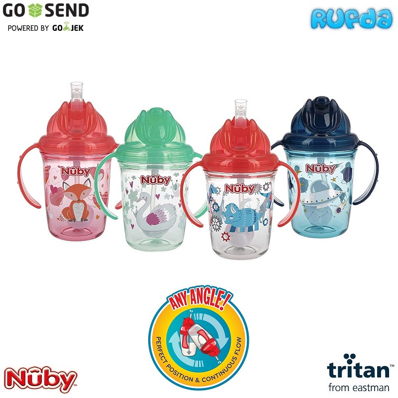 Nuby Straw Cup 240ml Tritan 360 Flip Sip Decorated Botol Minum Sedotan Anak Bayi