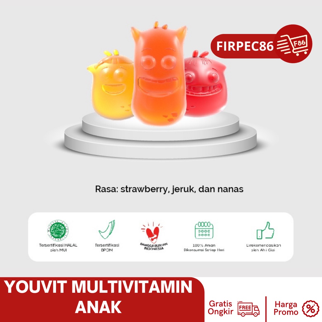 Youvit Multivitamin Gummy Anak 1 Pouch Isi 60 dengan Vitamin C, D, Zink, Sayur &amp; Buah