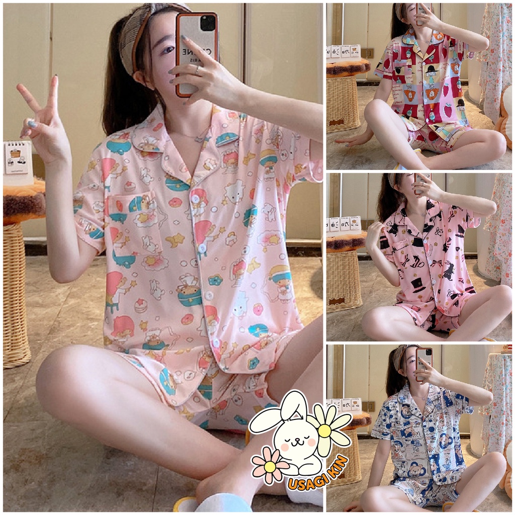 Piyama Korea 2 Pieces Setelan Baju Tidur Wanita Import Set Kekinian Model Kancing Usagikin