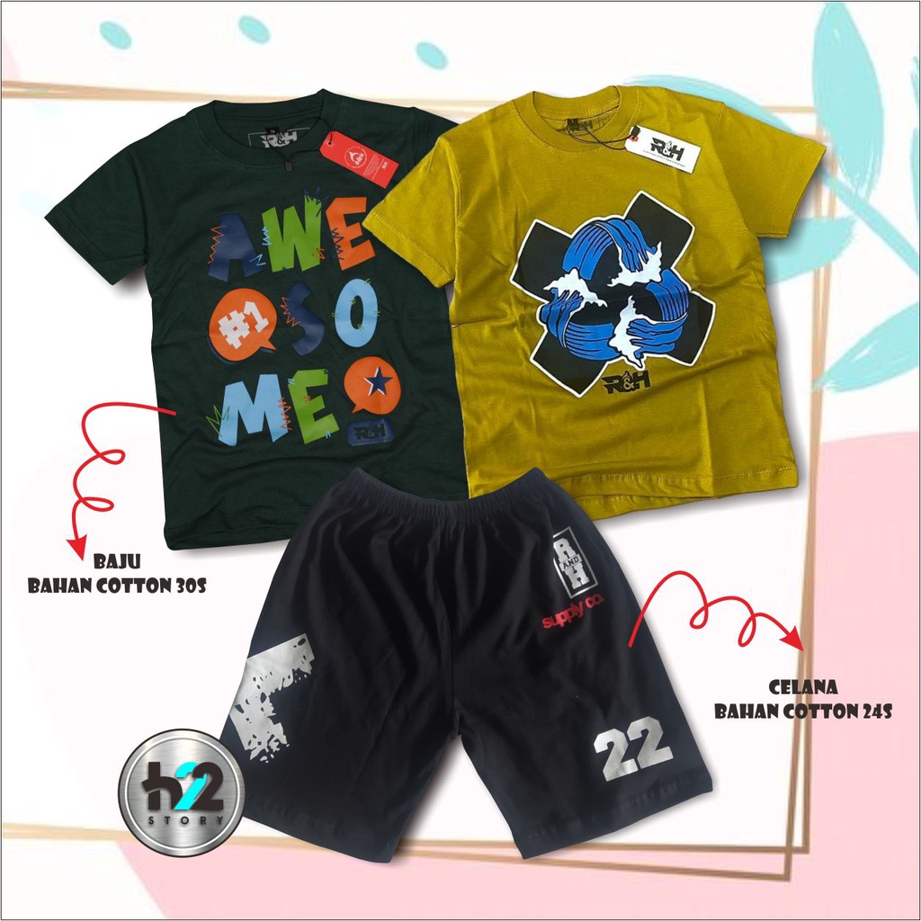 Paket 2 Kaos 1 Celana Boxer Anak / Setelan Kaos Distro Anak Celana Boxer Setelan Atasan Anak dan Celana Usia 3-4 Tahun By H22Story